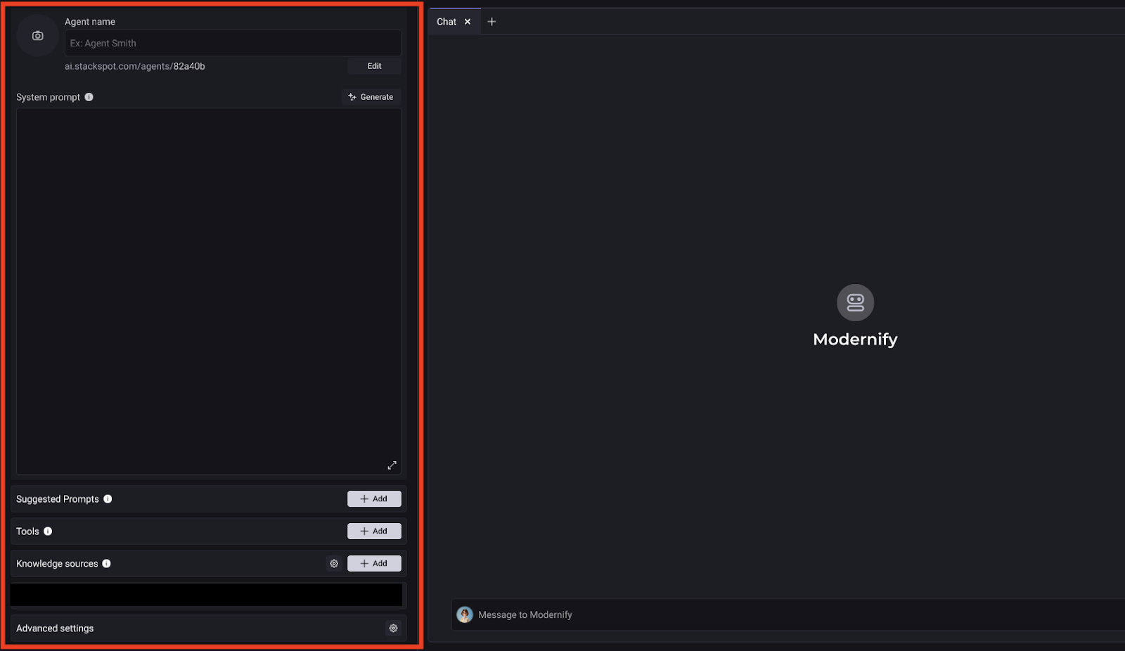 Documentation showing the screen for creating and configuring an AI agent within StackSpot AI.
